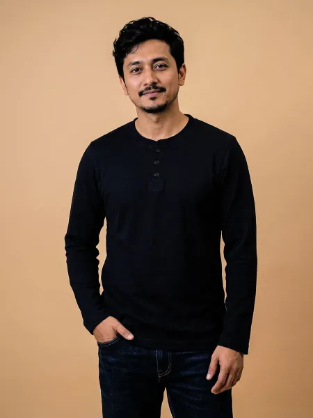Mid-Night Black Full Sleeve Henley Tshirt – Smart Casual Men's Top