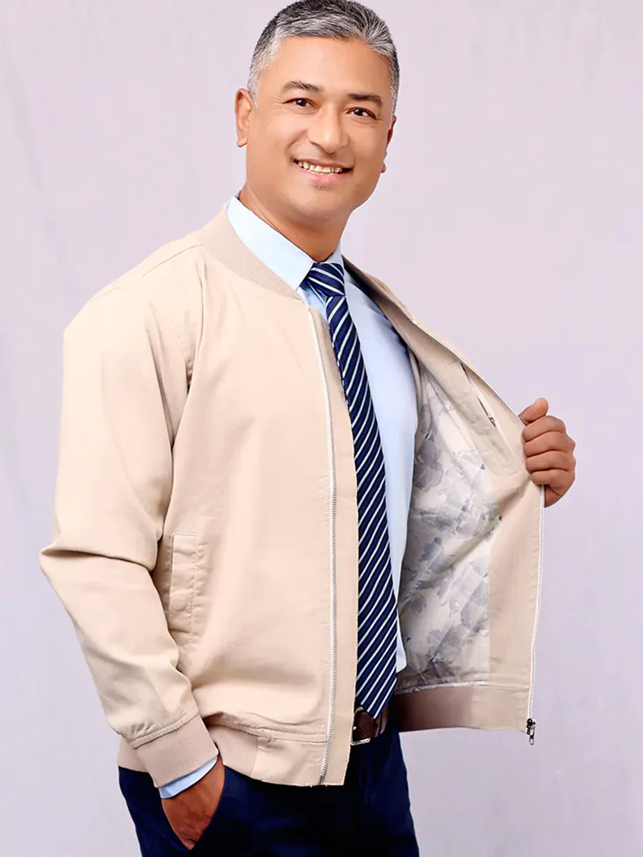 Beige Linen Cotton Bomber Jacket