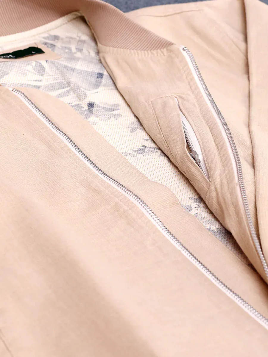 Beige Linen Cotton Bomber Jacket
