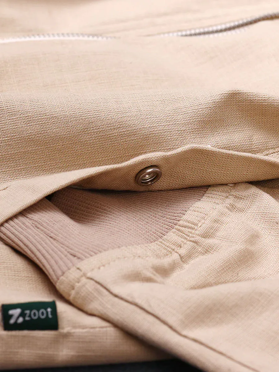 Beige Linen Cotton Bomber Jacket