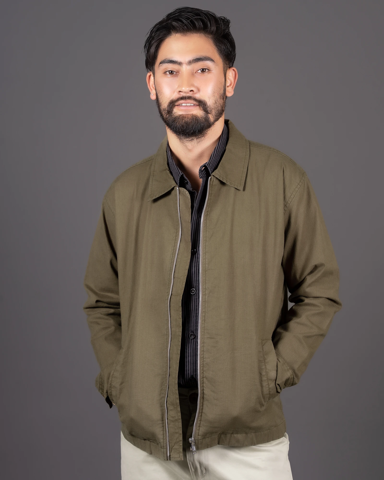 Olive Green Travel Jacket with Zipper
