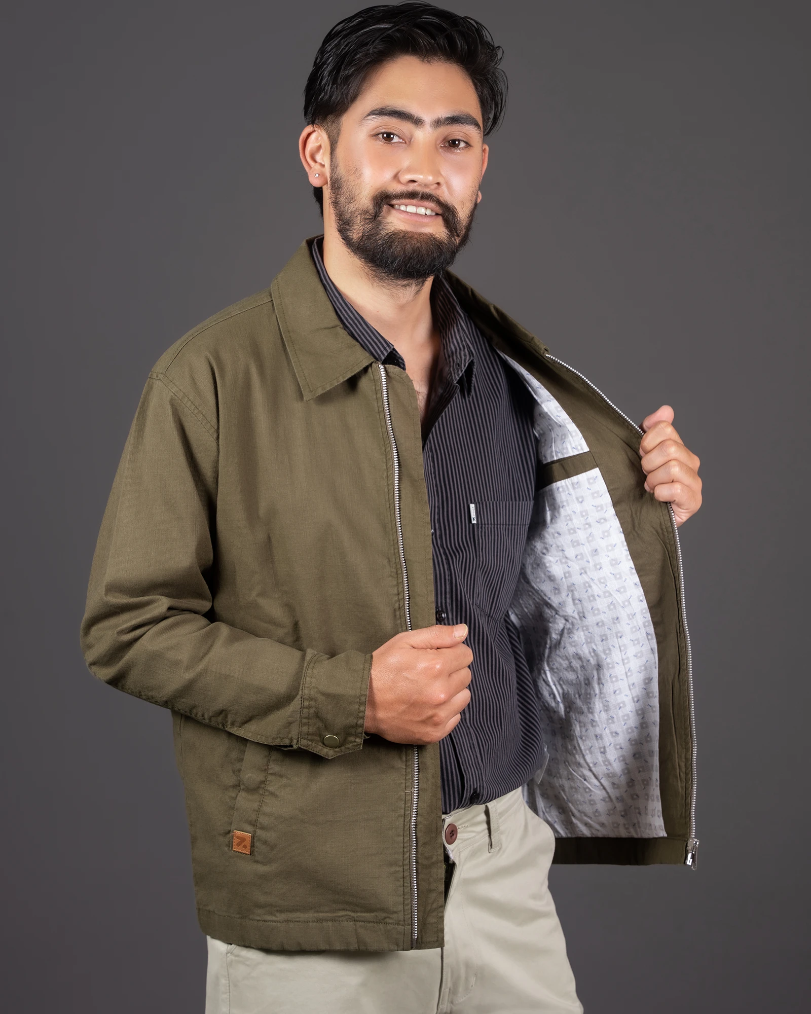 Olive Green Travel Jacket with Zipper