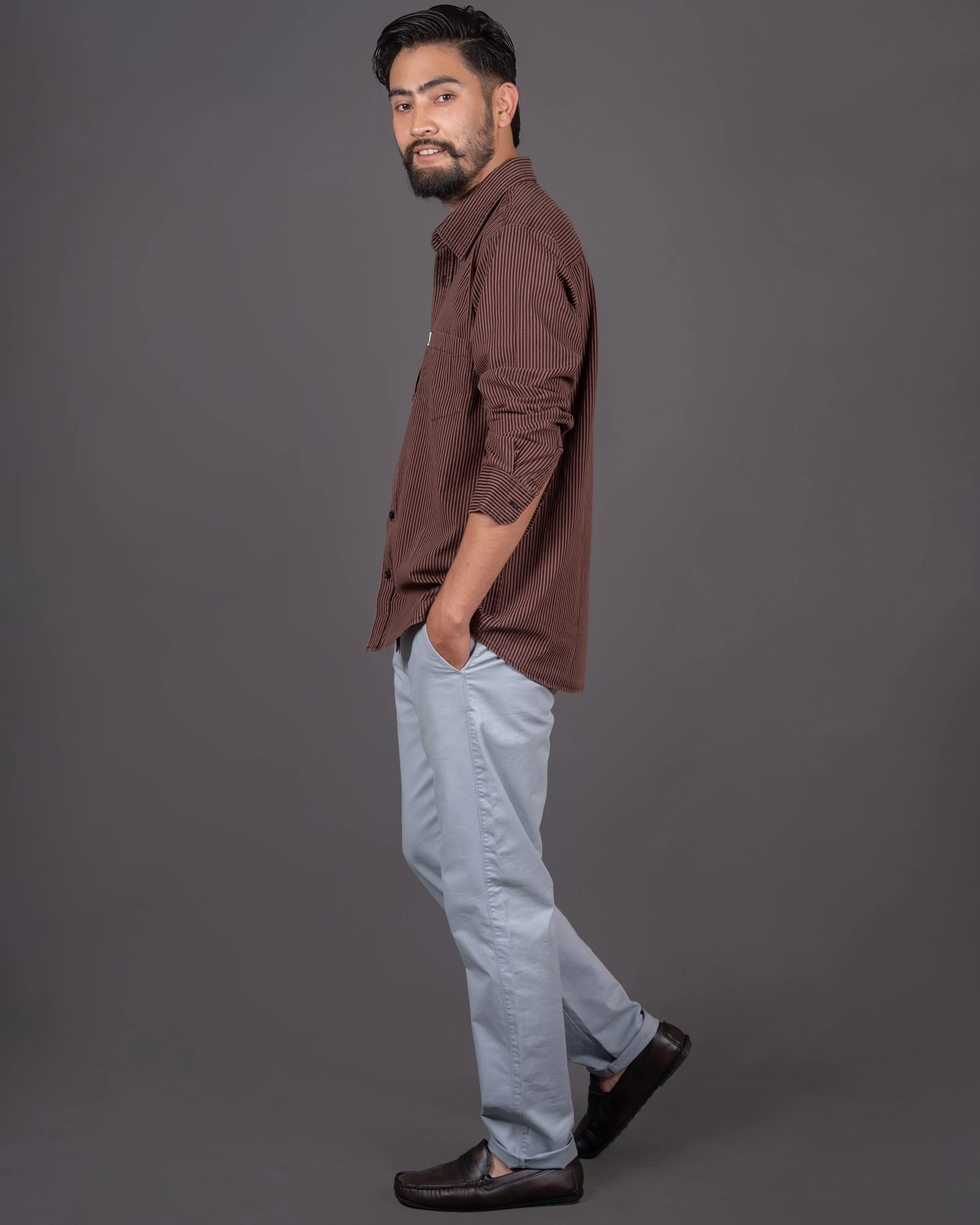 Regular Fit Striped Shirt Brown Black for Men