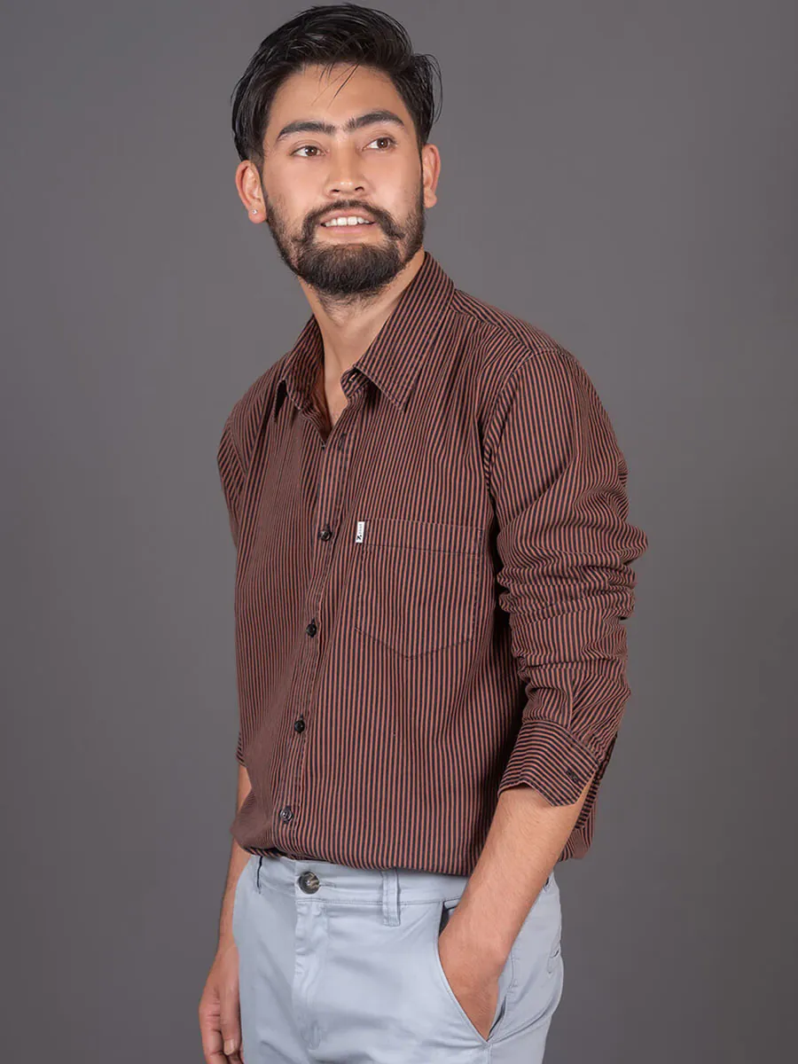 Regular Fit Striped Shirt Brown Black for Men